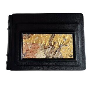 Leather bound photo album scrapbook black leather leaf print handmade paper